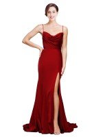 Cowl Front Neck Sweep Train Stretch Satin Prom Dresses Canada with High Side Split