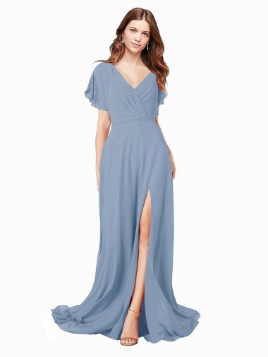 Chiffon Prom Dress with Flutter Sleeves and Front Slit Canada