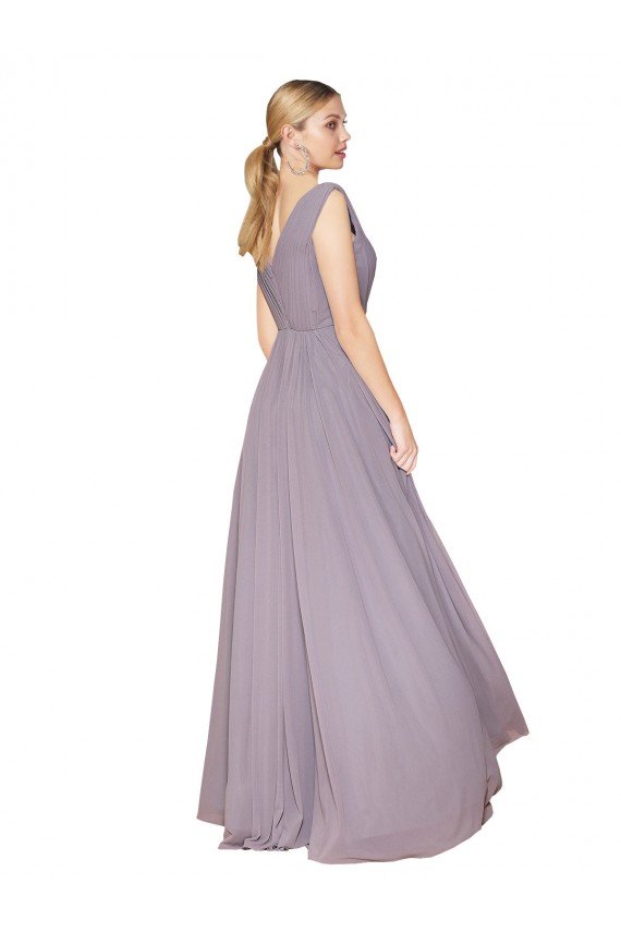 Draped Floor Length High Neck V-Back Chiffon Prom Dress with Shirred Bodice