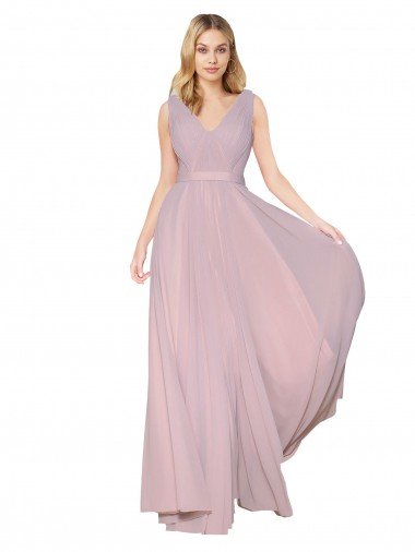 Draped V-Neck Long Chiffon Prom Dress with Shirred Bodice Canada