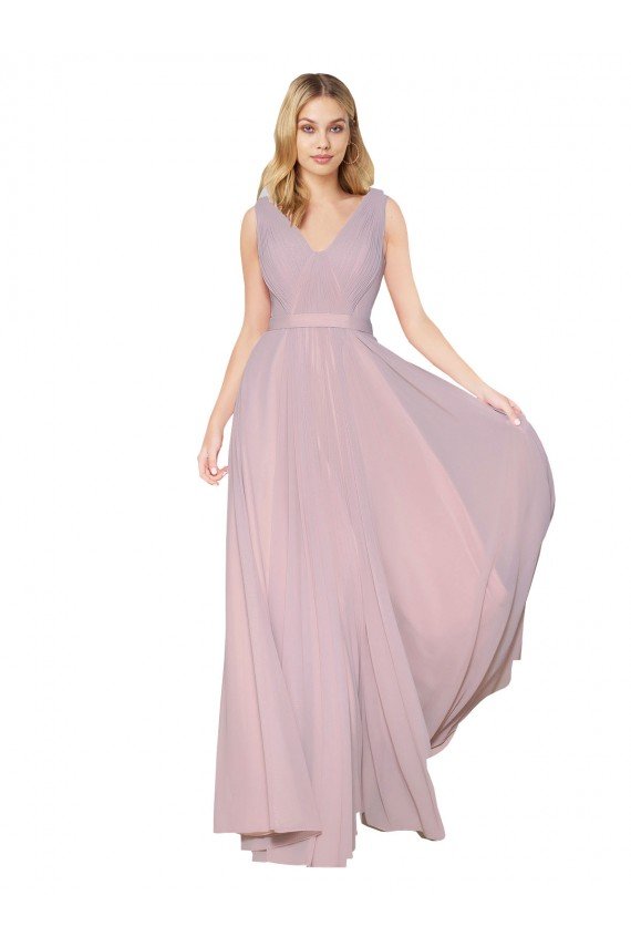 Draped V-Neck Long Chiffon Prom Dress with Shirred Bodice