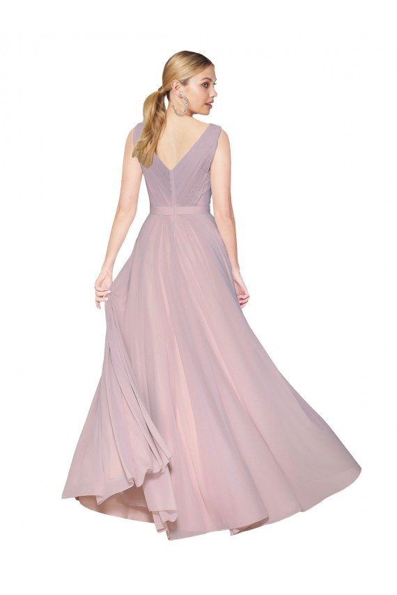 Draped V-Neck Long Chiffon Prom Dress with Shirred Bodice