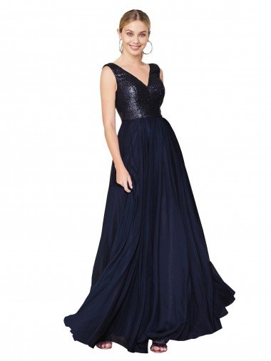 High Neck V-Neck Long Chiffon Prom Dress with Sequin Top Canada