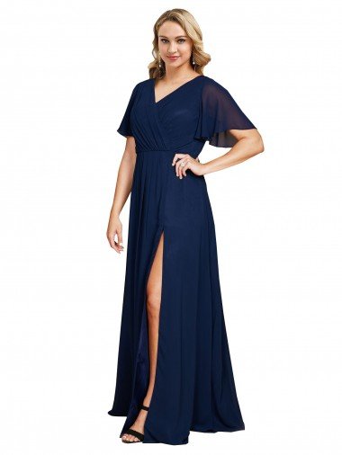 Chiffon V-Neck Short Sleeves Long Prom Dress with High Slit Canada