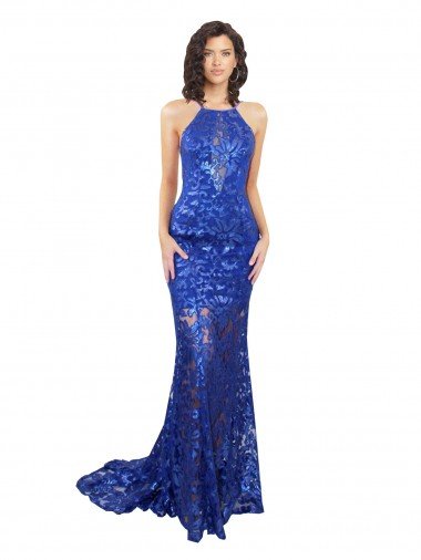 High Neck Long Open Back Lace Prom Dress with Train Canada