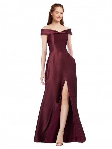 Long Off the Shoulder Satin Prom Dress with Thigh-high Slit Canada