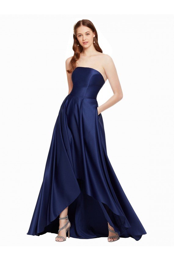 High Low Strapless Satin Prom Dress with Pockets