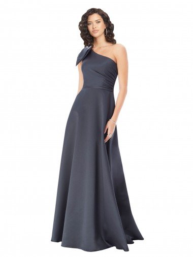 Rouched One Shoulder Floor Length Satin Prom Dress with Bow Canada