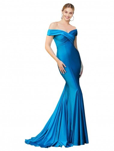 Off the Shoulder Long Chapel Train Satin Prom Dress Canada