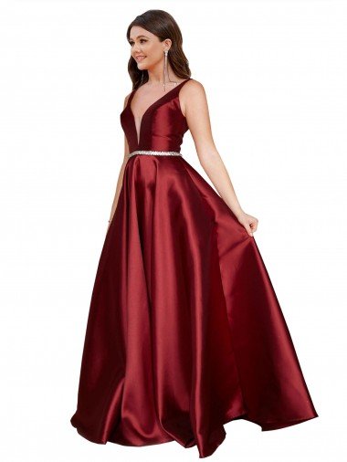 Sleeveless Deep V-Neck A-Line Satin Prom Dress with Pockets Canada