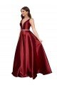 Sleeveless Deep V-Neck A-Line Satin Prom Dress with Pockets