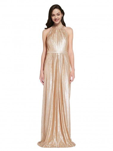 Floor Length Halter Neck Sparkling Sequin Prom Dress with Pleats Canada