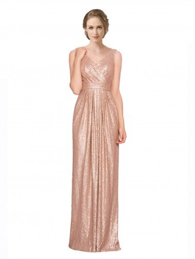 Draped V-Neck Striking Sheath Floor Length Sequin Prom Dress Canada