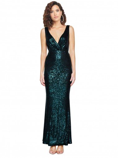 V-Neck Full Length Sequin Prom Dress with Draped Back Canada