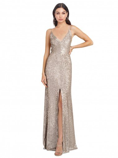 V-Neck Fully Sequin Prom Dress with V-Back and Front Slit Canada