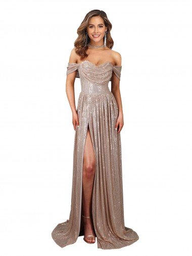 Strapless Scoop Neck Off the Shoulder Long Sequin Prom Dress with High Slit Canada