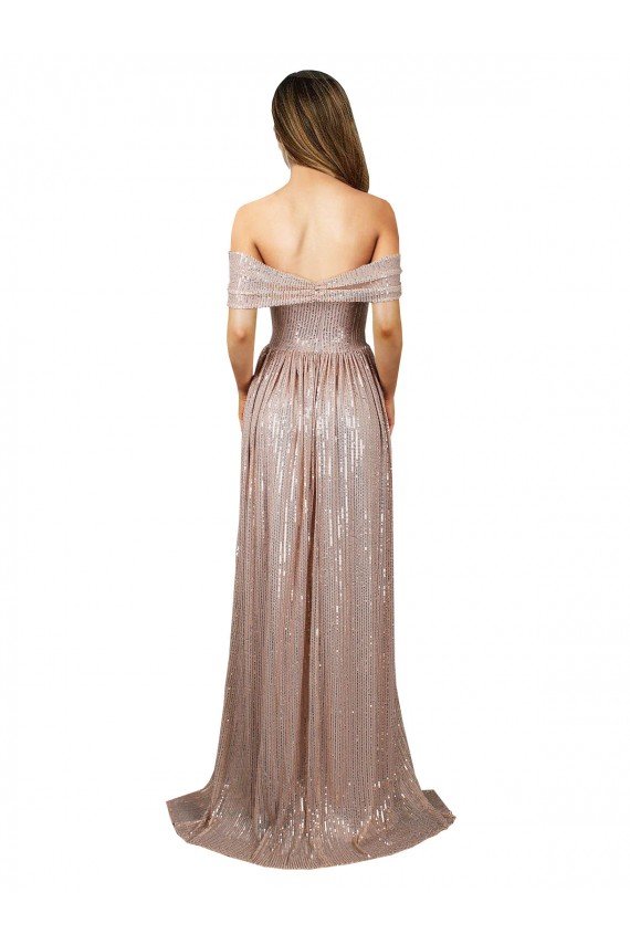 Strapless Scoop Neck Off the Shoulder Long Sequin Prom Dress with High Slit