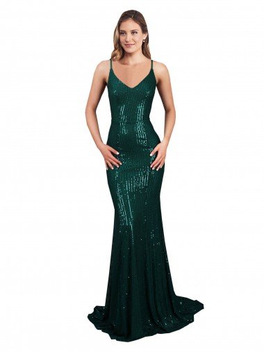 Fishtail Shaped V-Neck Open Back Long Sequin Prom Dress Canada