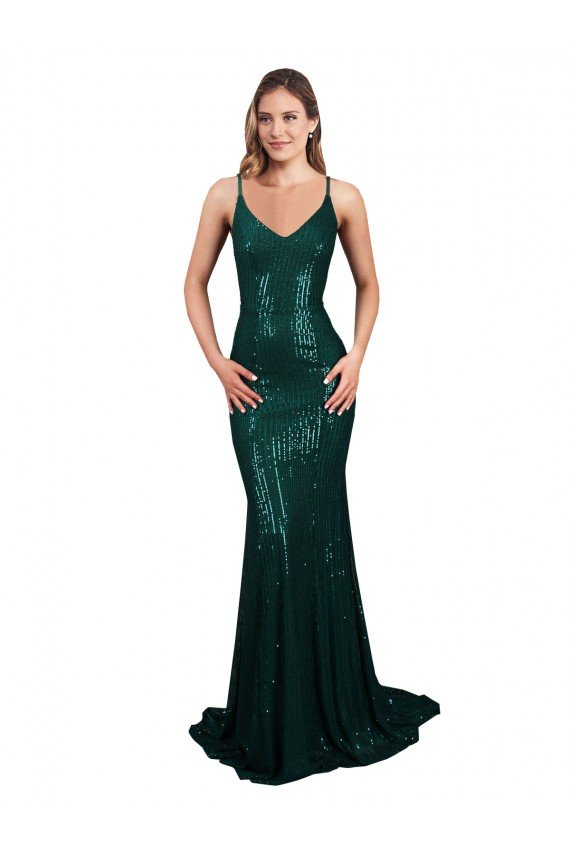 Fishtail Shaped V-Neck Open Back Long Sequin Prom Dress