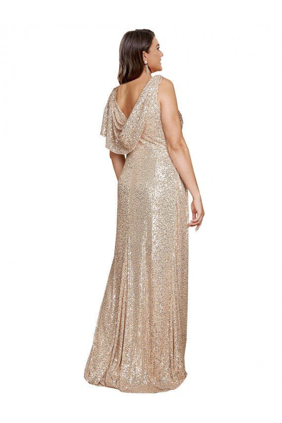 Deep V-Neck Sleeveless Sparkling Sequin Prom Dress with Draped Cowl Back