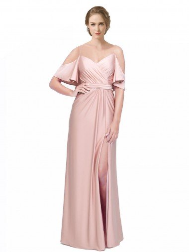 Draped Cold Shoulder Sleeves Long Silky Satin Prom Dress with Slit and Tie Back Canada