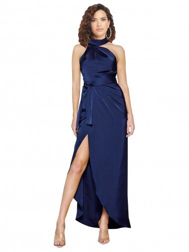 Full Length High Neck Wrap Silky Satin Prom Dress with Waist Tie Canada