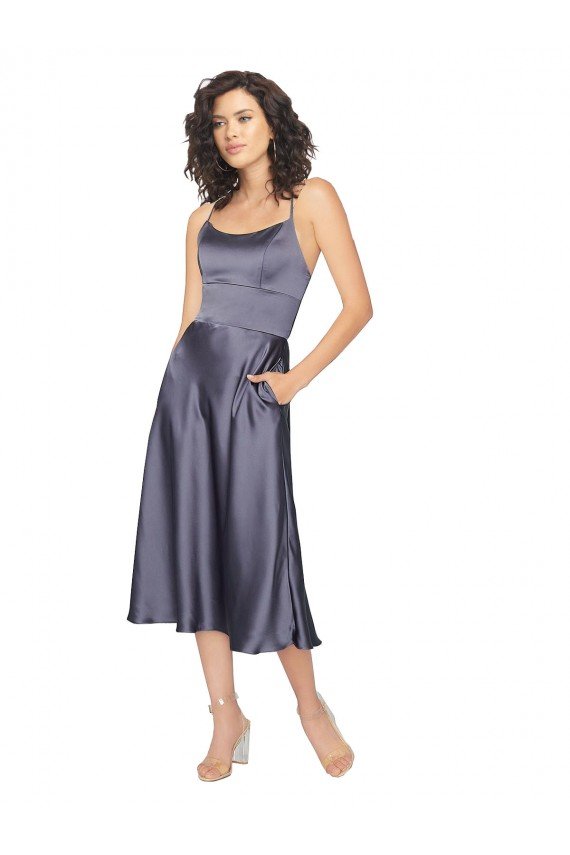 Midi Length Silky Satin Cocktail Prom Dress / Homecoming Dress with Open Tied Back