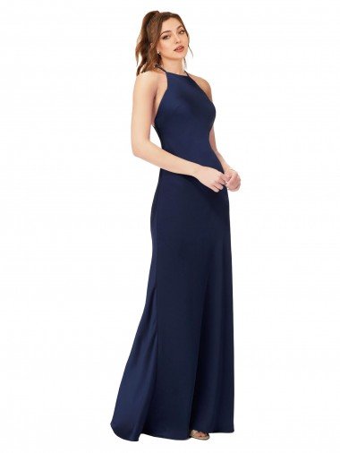 High Neck Satin Prom Dress with Strappy Back Canada