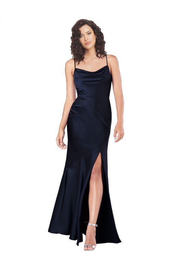 Draped Cowl Neck Silky Satin Prom Dress with Skirt Slit