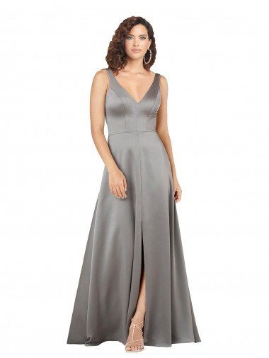 Plunging V-Neckline Long A-Line Silky Satin Prom Dress Canada