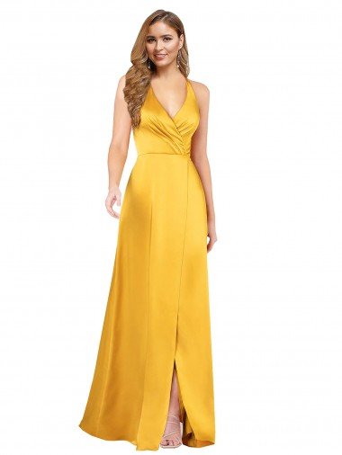 Halter A-Line Silky Satin Prom Dress with V-Neckline and Slit Canada