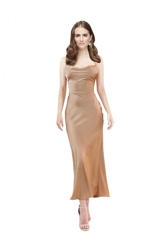 Cowl Neck Silky Satin Midi Length Cocktail Prom Dress / Homecoming Dress Low Back