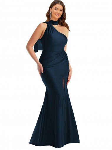 Scarf Neck One Shoulder Silky Satin Mermaid Prom Dress with Front Slit Canada