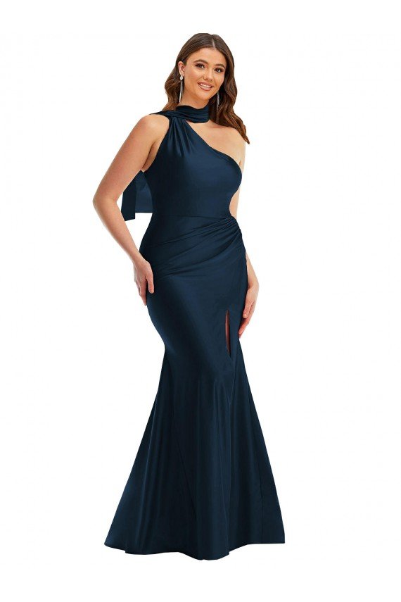 Scarf Neck One Shoulder Silky Satin Mermaid Prom Dress with Front Slit