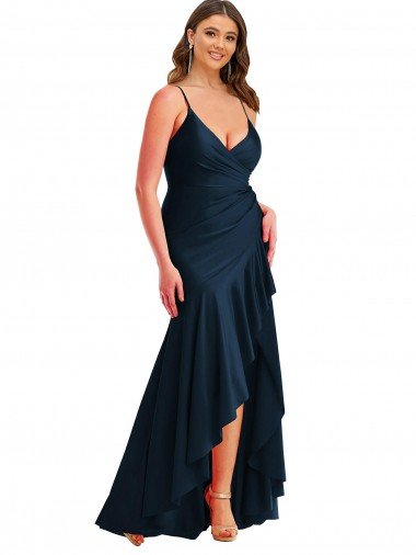 Pleated Wrap Ruffled High Low Silky Satin Prom Dress Canada