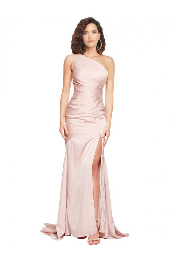 Full Length One Shoulder Long Silky Satin Prom Dress with High Split