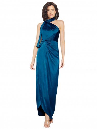 High Halter Neck Silky Satin Prom Dress with Sash Overlay and Side Split Canada