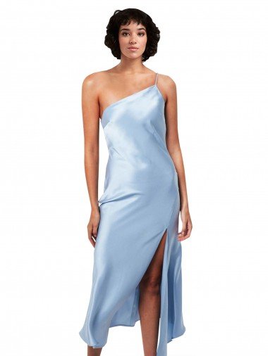 Midi Length Short Silky Satin Cocktail Prom Dress / Homecoming Dress with Asymmetric Neckline and High Side Split Canada