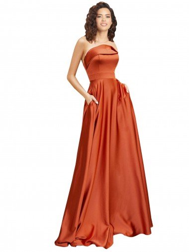 Strapless Sweep Train Silky Satin Prom Dress with Pleats Canada