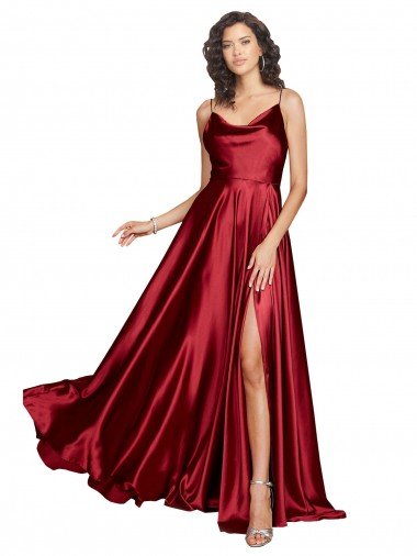 Cowl Neckline Long Silky Satin Prom Dress with Spaghetti Straps Canada