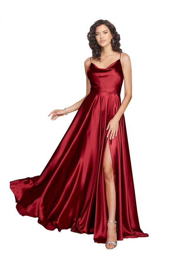 Cowl Neckline Long Silky Satin Prom Dress with Spaghetti Straps