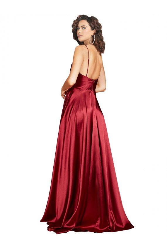 Cowl Neckline Long Silky Satin Prom Dress with Spaghetti Straps