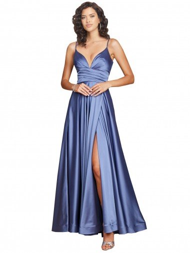 Deep V-Neck Sweetheart Long Silky Satin Prom Dress with Thigh High Slit Canada