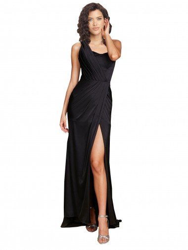 Full Length One Shoulder Ruffled Long Silky Satin Prom Dress with High Slit Canada