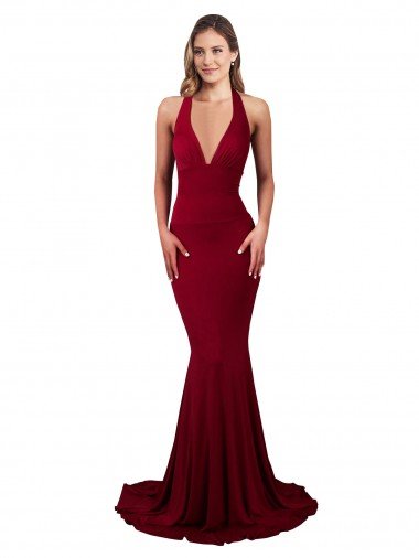 Halter Mermaid Plunge V-Neckline Open Back Bow Tie Spandex Prom Dress Canada