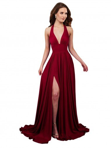 A-Line Halter Plunge V-Neckline Open Back Spandex Prom Dress with Slit Canada