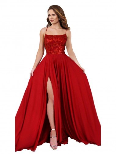 Lace Over Bodice Long Spandex Prom Dress with Slit Canada