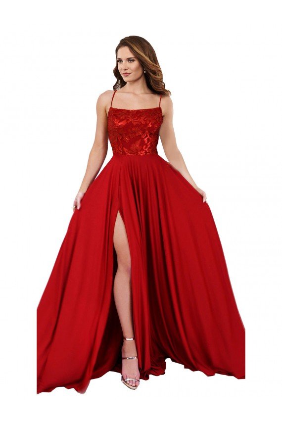 Lace Over Bodice Long Spandex Prom Dress with Slit