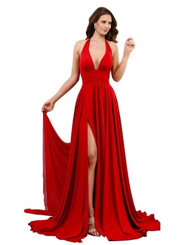 High Slit A-Line Halter Long Spandex Prom Dress Open Back Canada