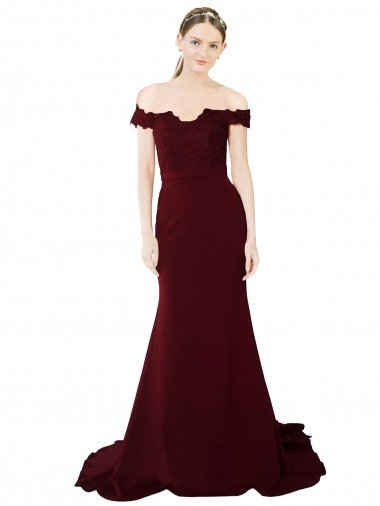 Full Length Off the Shoulder Formal Crepe Prom Dress with Lace On Bodice and Back Canada